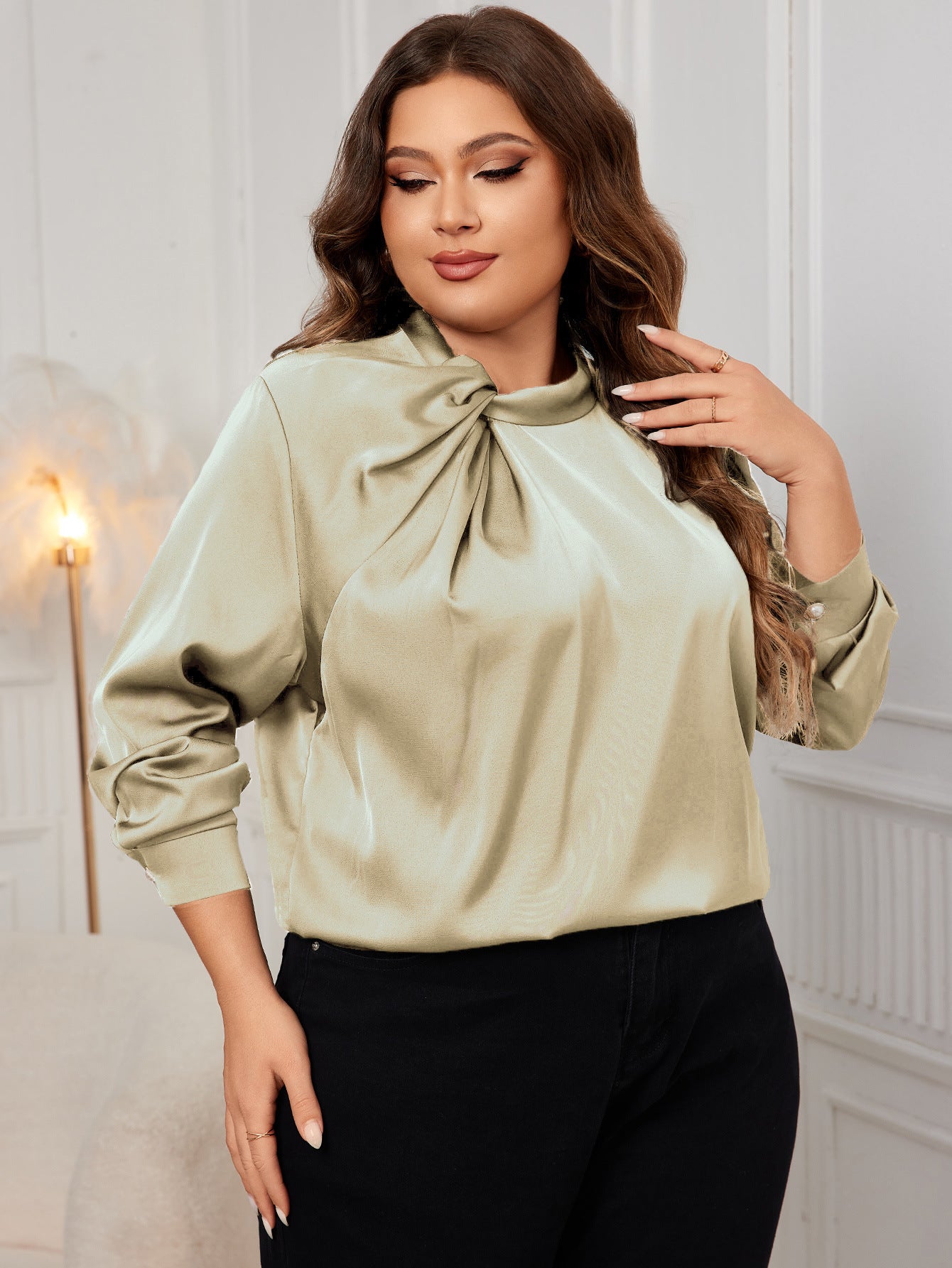 Plus Size Solid Color Shirt Autumn Top Slimming Loose Long Sleeve Shirt Women Clothing