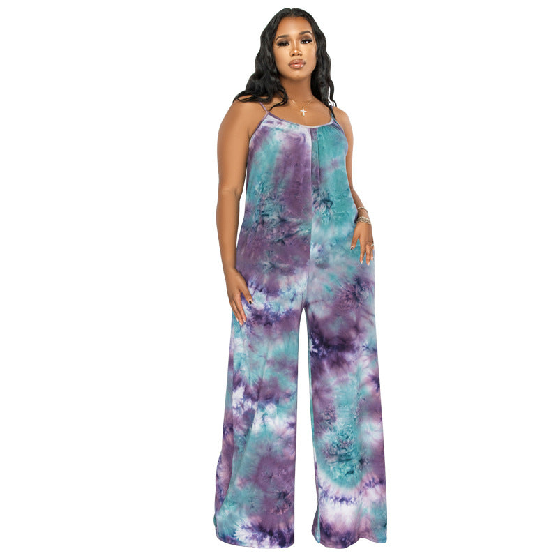 Plus Size New Tie-Dyed Printed Sling Casual Straight Stylish Loose Jumpsuit