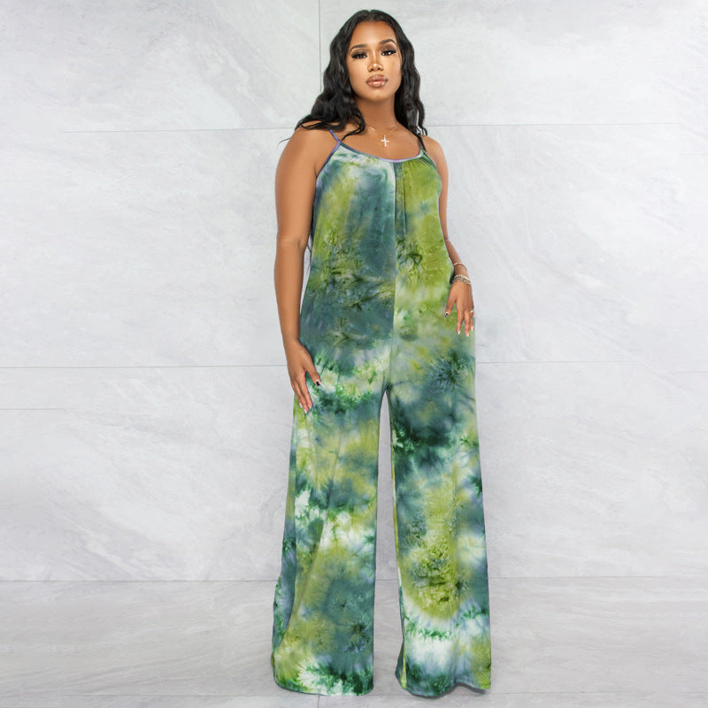 Plus Size New Tie-Dyed Printed Sling Casual Straight Stylish Loose Jumpsuit