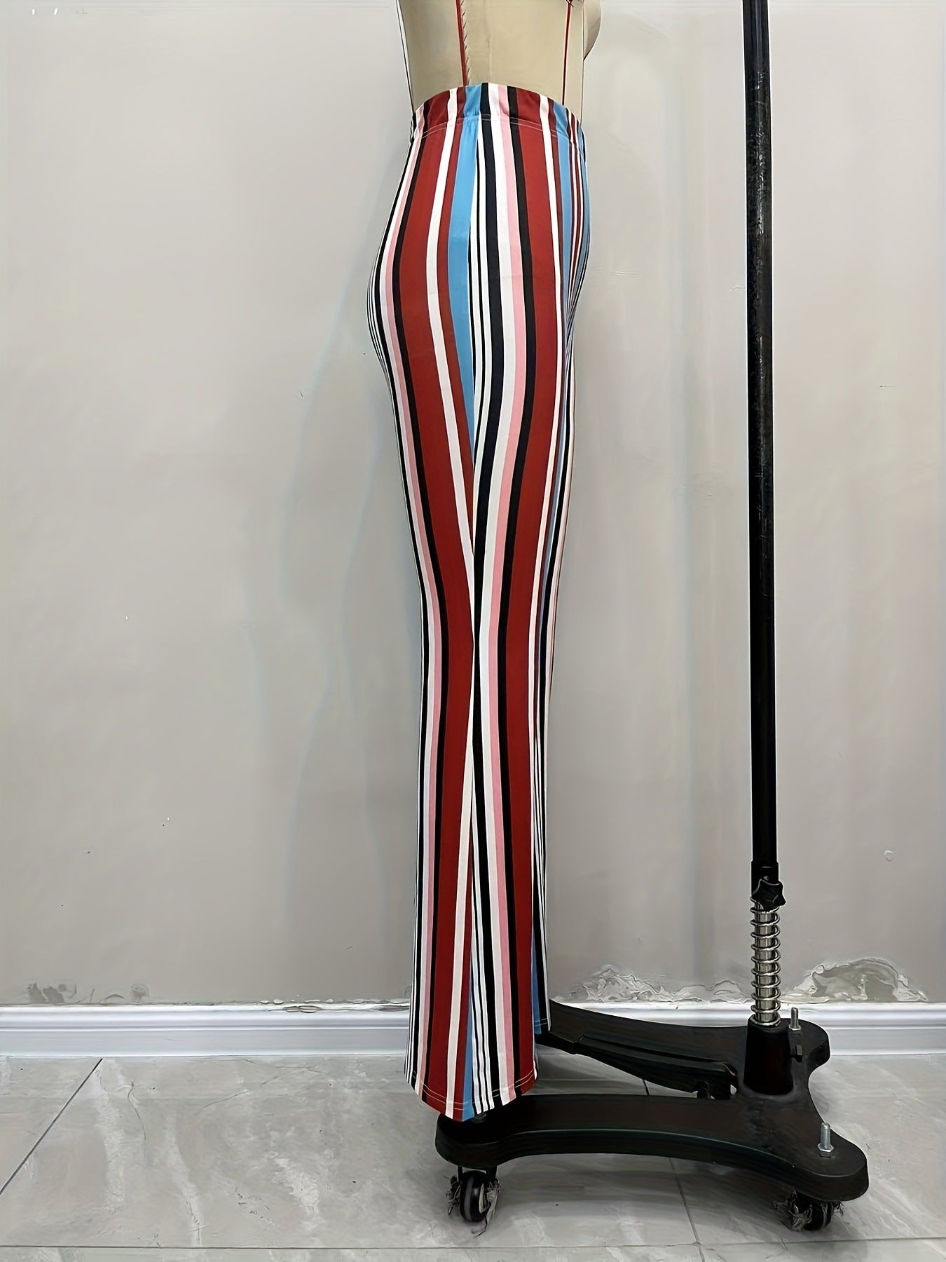 Women Pants Personality Hippie Clothing Elastic Waist Color Striped Printing Slim Fit Bell Bottom Pants