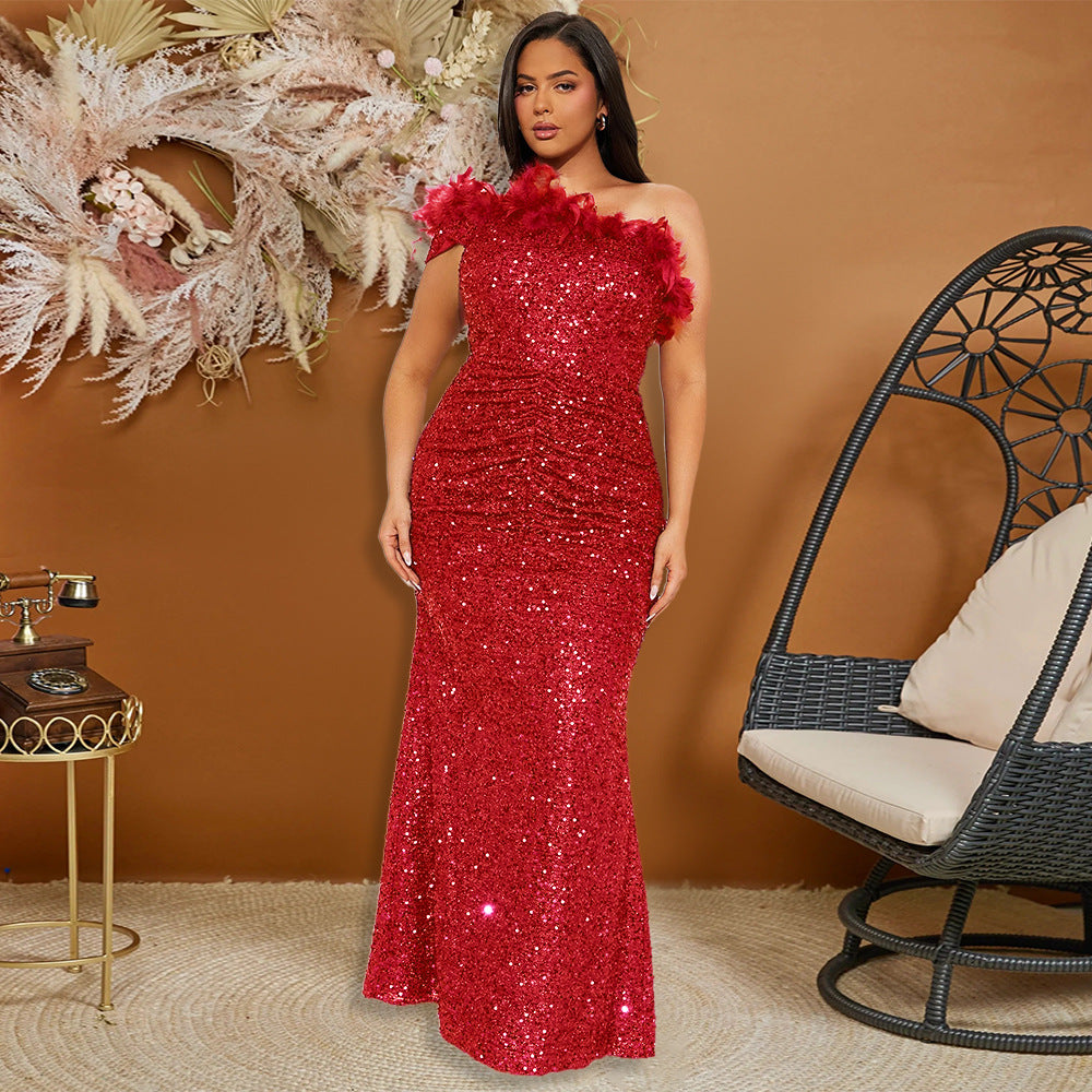 Simon Bolivar Black Paillette Feather Stitching Sequin Evening Maxi Dress
