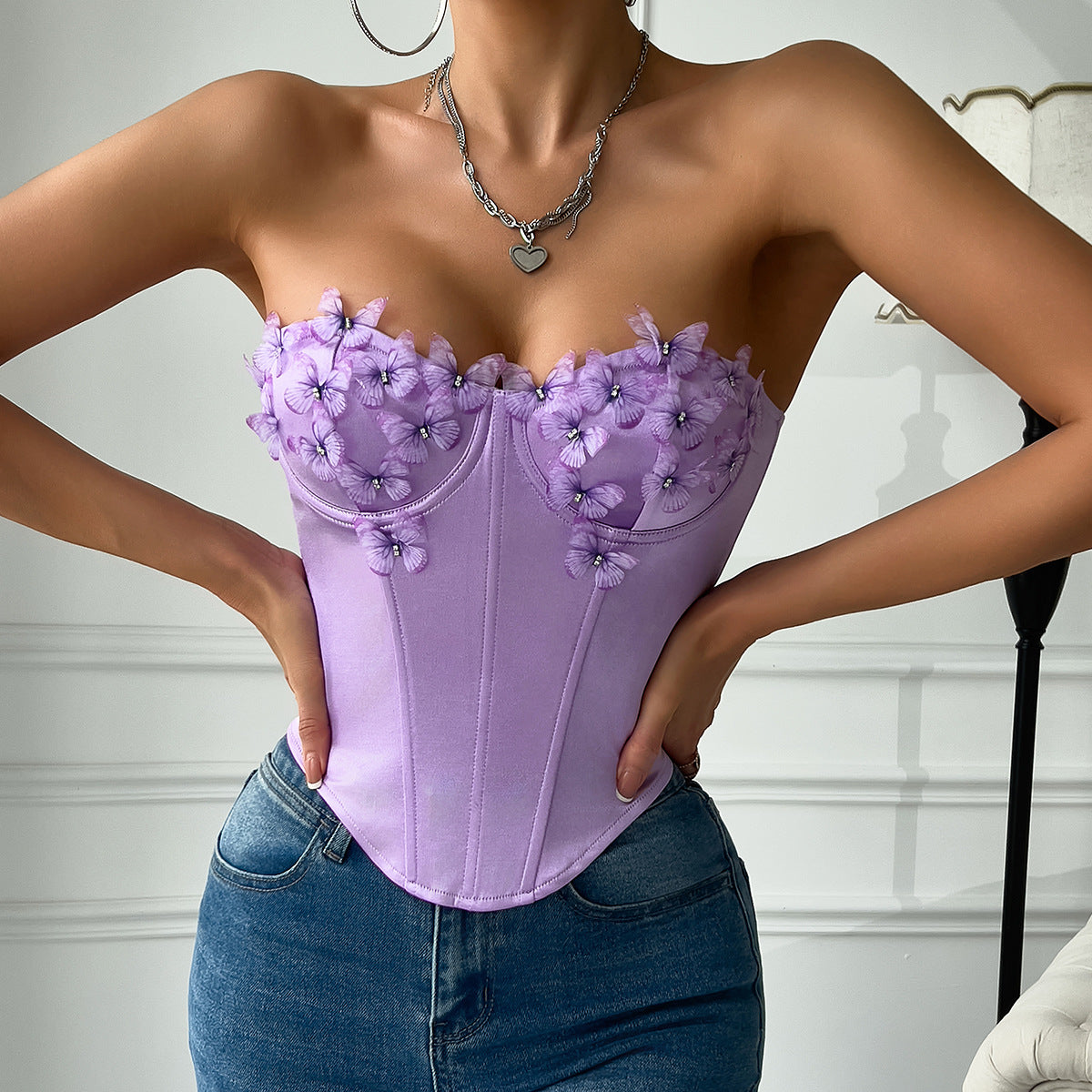 Sexy Low Cut Satin Butterfly Corset