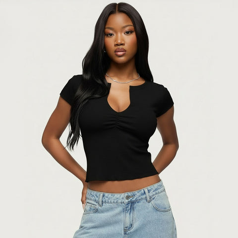 Women Solid  V neck Cropped Sleeved