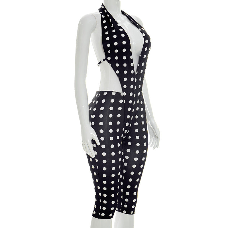 Women Clothing Summer Polka Dot Print Sleeveless Halter Strap Backless Cropped Long Conjoined Trousers