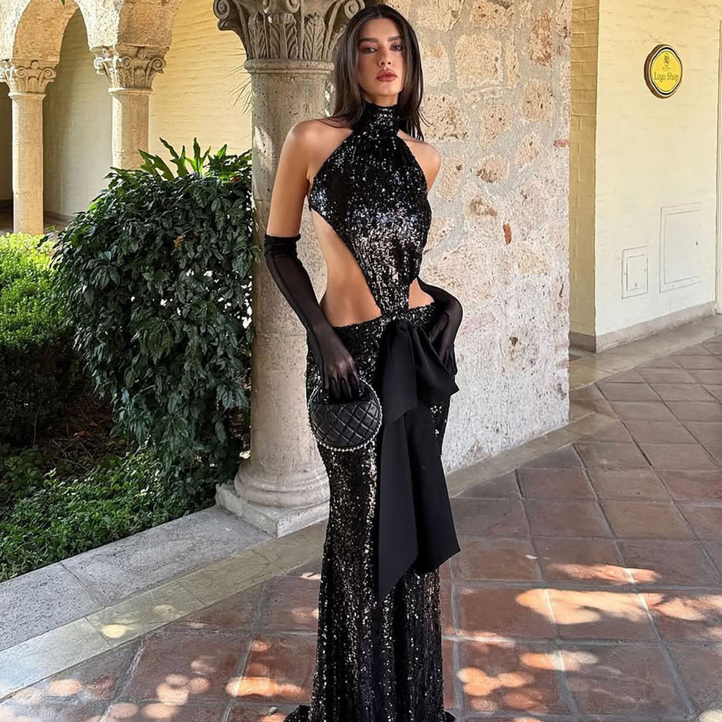 Saona Backless Hollow Out Cutout out Stitching Maxi Dress