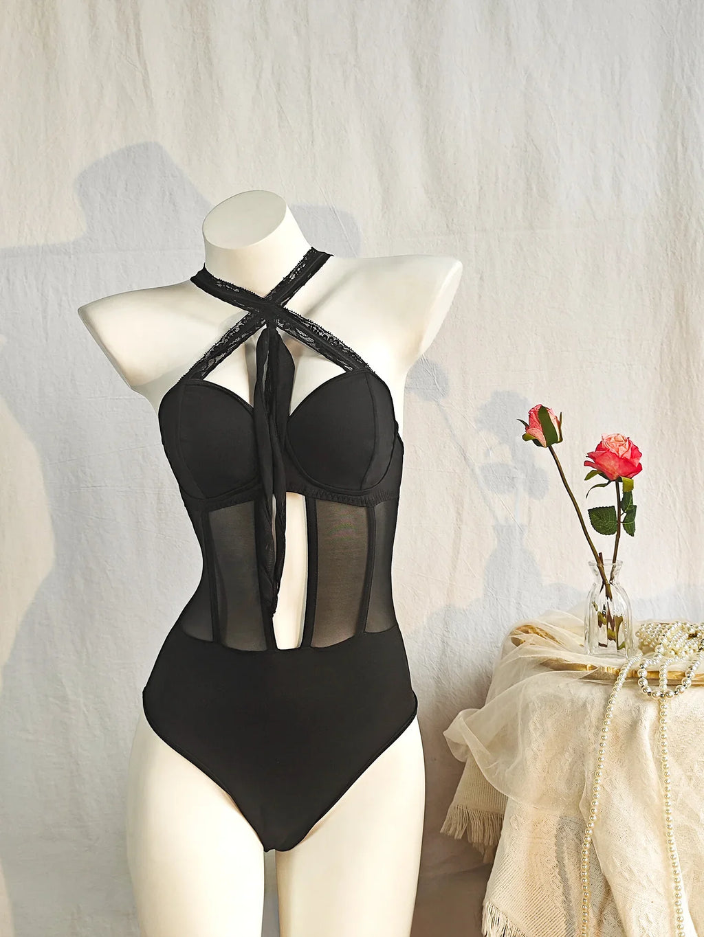 New Rochelle Lace up Cutout Black Mesh Body Shaping Boning Corset Top