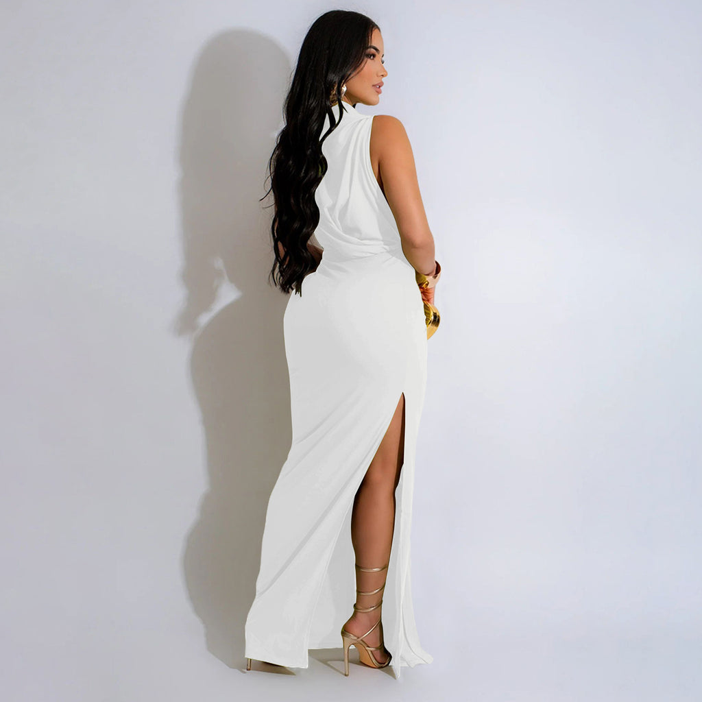 Georgia O-neck High Split Ruched Stacked Bodycon Midi Maxi Dress