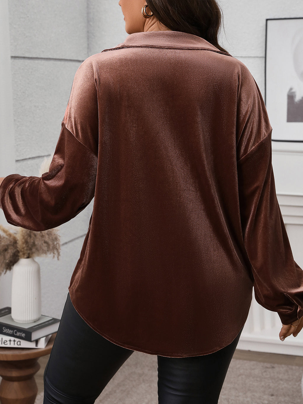 Plus Size Autumn Halloween Retro Women Clothing Velvet Polo Collar Solid Color Shirt for Women
