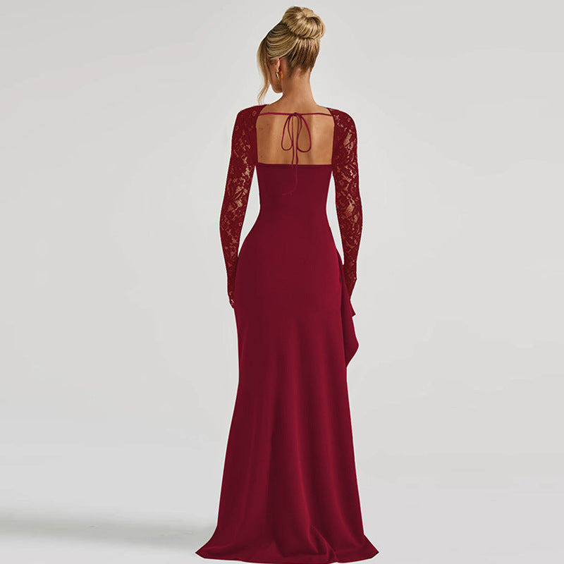 Villa Altagracia Lace Long Sleeve Sexy Backless Slim Fit Slit Dress