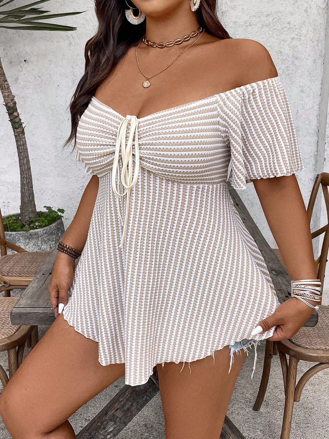 off Shoulder Striped Chest Waist Ruffles Women