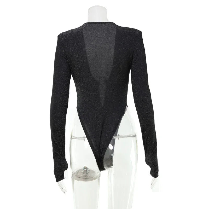 Woodbury Hollow Out Cutout Low Cut Solid Color Tight Flattering Long Sleeve Top