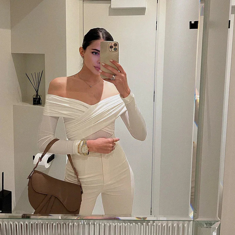 Co-op City Sexy off the Shoulder Long Sleeve Cross Pleated Slim High Waist Top