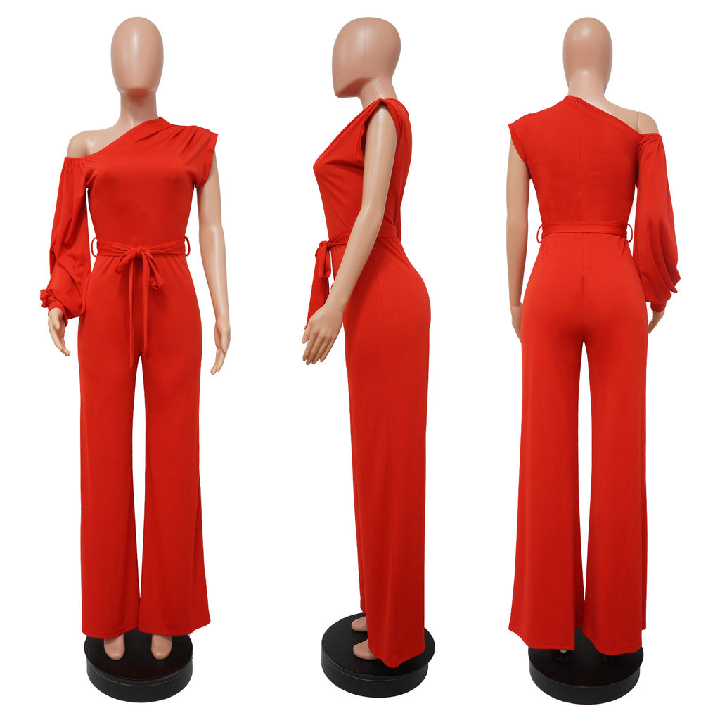 Women Wear Solid Color One-Shoulder Women Wide Leg Women Jumpsuit