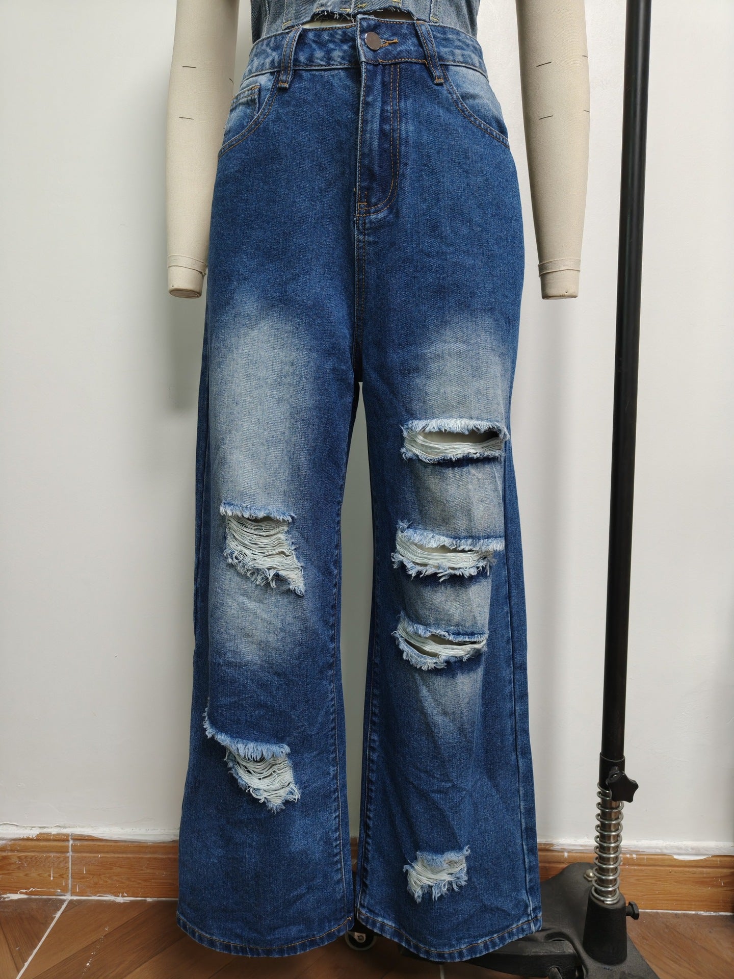 Ripped Jeans Washed High Waist Straight All Matching Loose Denim Trousers Women Jeans