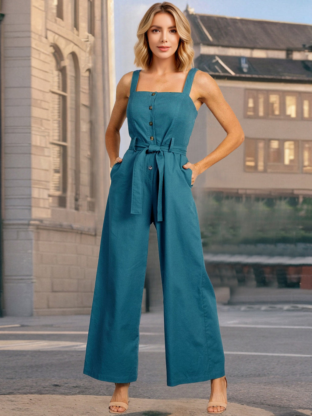 Summer Women Belt Sleeveless Sling Single Breasted One Piece Trousers