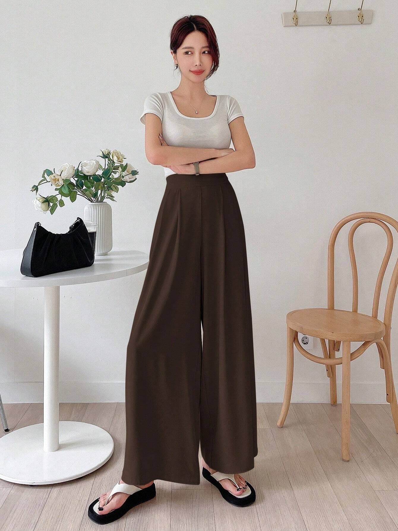 Retro Easy Matching Brown Coffee Color Draping Wide Leg Pants Office High Waist Petite Slimming Women Casual Pants