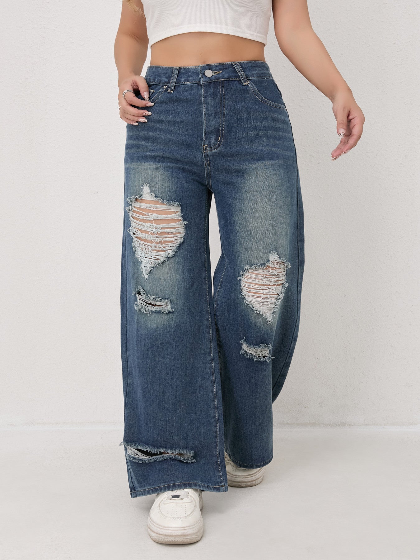 Distressed Worn Wide Leg Jeans Women Autumn High Waist Loose Wide Leg Jeans Women Slimming Pants Women Autumn