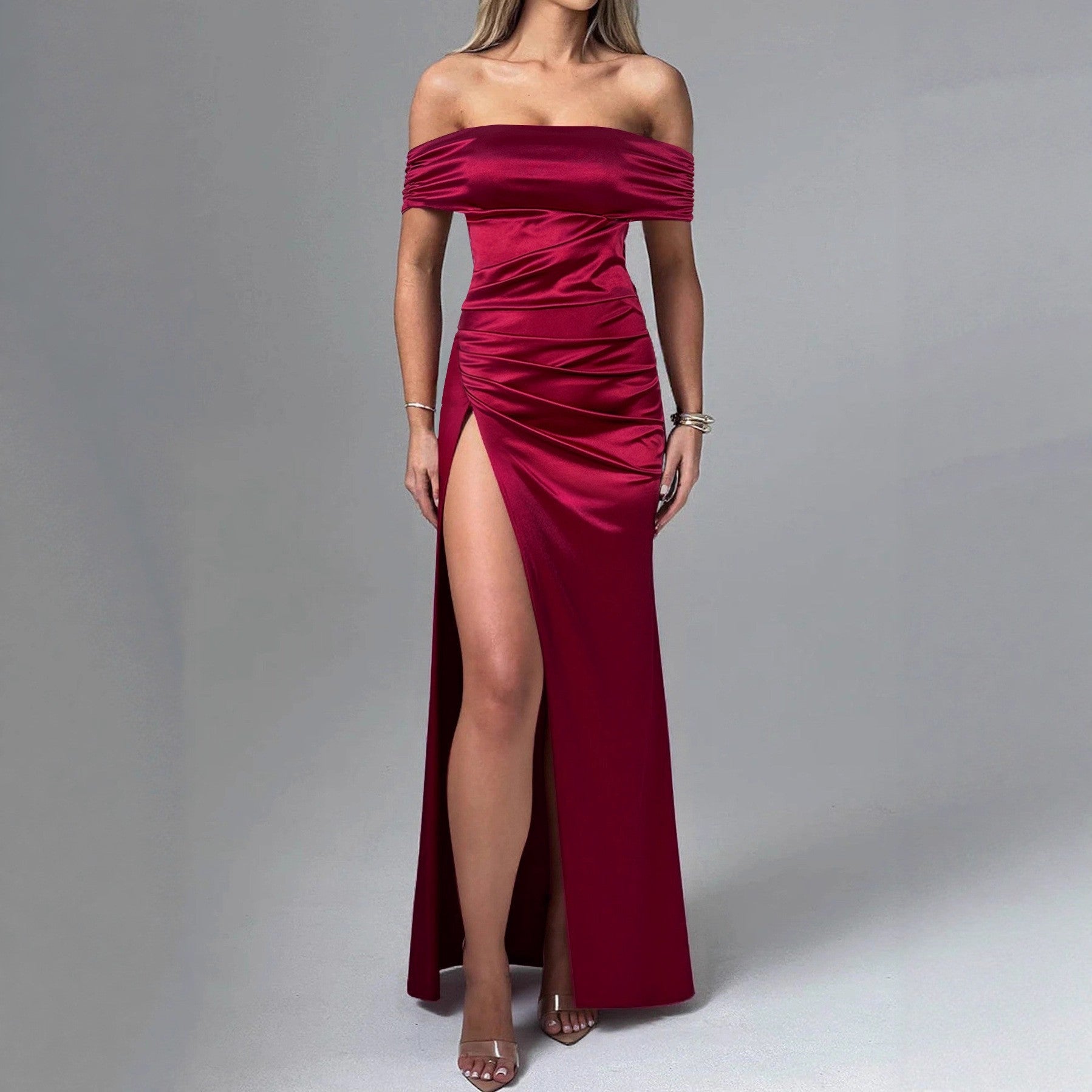 San Isidro Sexy High Split off Neck Slimming Elegant Pleated High Grade Dress