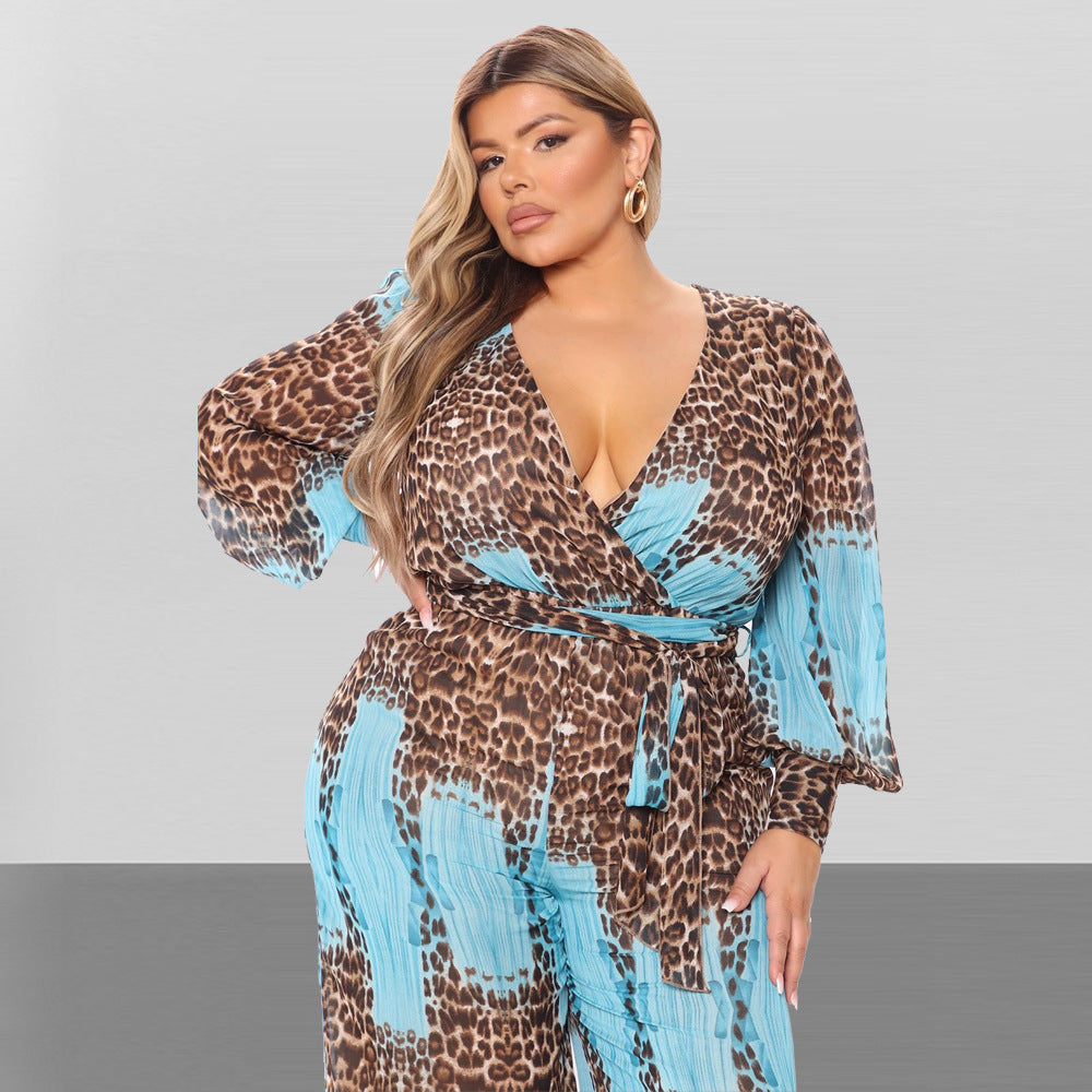 Plus Size Plus Size V neck Chiffon Jumpsuit Leopard Print Fashion Sexy Long with Belt
