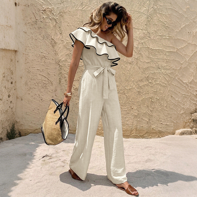 Minimalist Vacation Apricot One Shoulder Ruffled Fitted Waist Jumpsuit