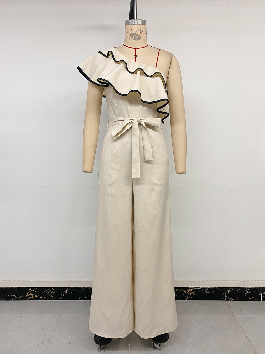 Minimalist Vacation Apricot One Shoulder Ruffled Fitted Waist Jumpsuit