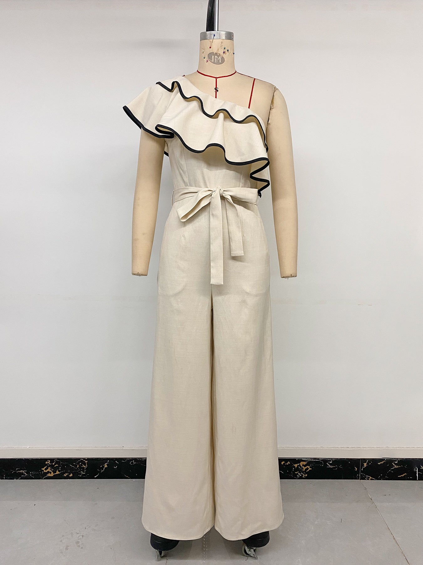 Minimalist Vacation Apricot One Shoulder Ruffled Fitted Waist Jumpsuit