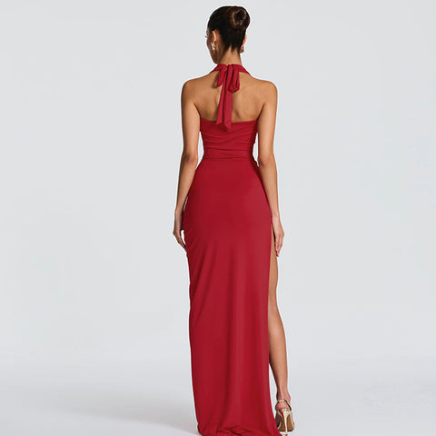 Herdenson Sexy Deep V Plunge neck Solid Color Split Halter Backless Dress