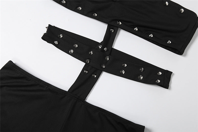 Spring Women's Trendy Unique Rivet Sexy Cutout Tight Five Point Jumpsuit
