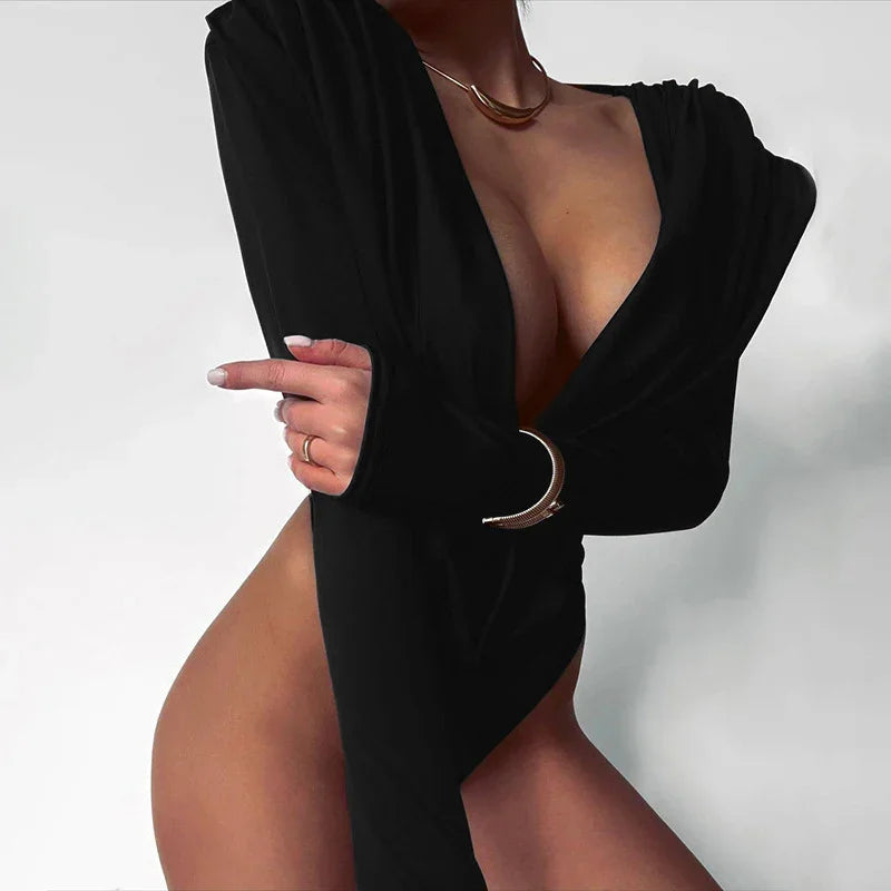 Monroe Sexy Solid Color Swing Collar Tight Long Sleeve Top