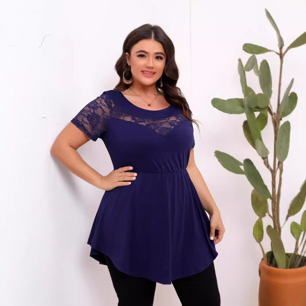 Plus Size Women Elastic Lace Patchwork Waist Slimming Round Neck Short Sleeve Top