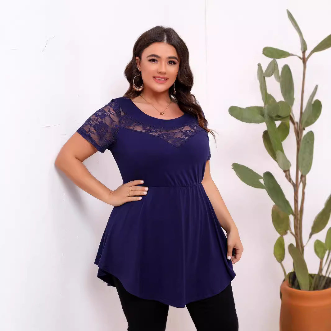 Plus Size Women Elastic Lace Patchwork Waist Slimming Round Neck Short Sleeve Top