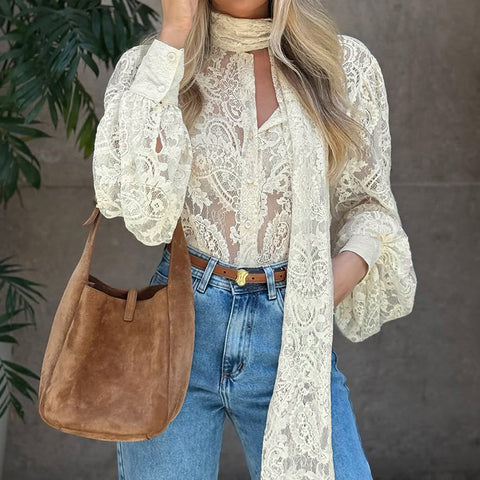 Elegant Ribbon See through Apricot Lace Hollow Out