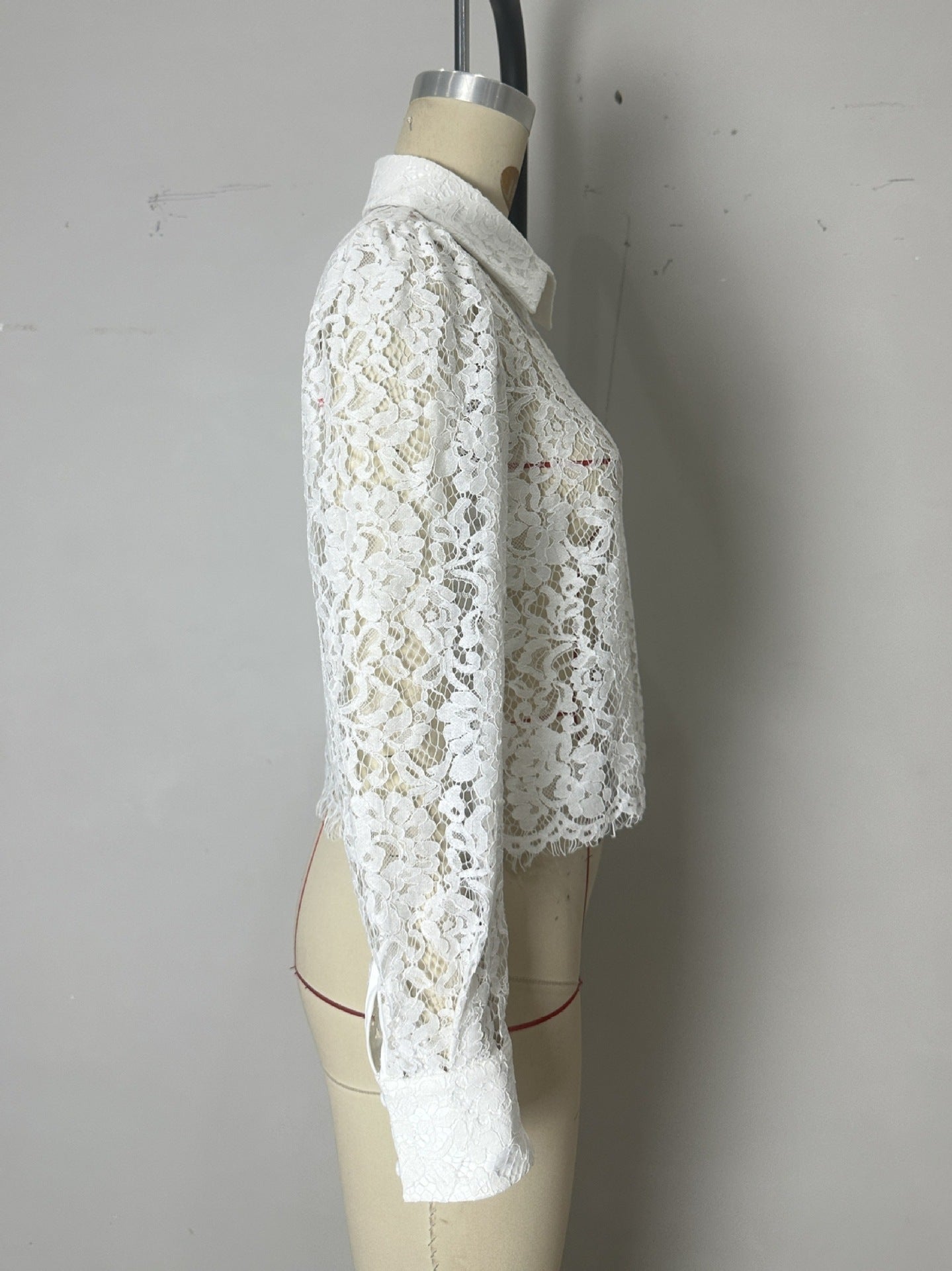 Women Clothing Sexy Lace Polo Collar Top Long Sleeve Tassel Edge Short Transparent Shirt