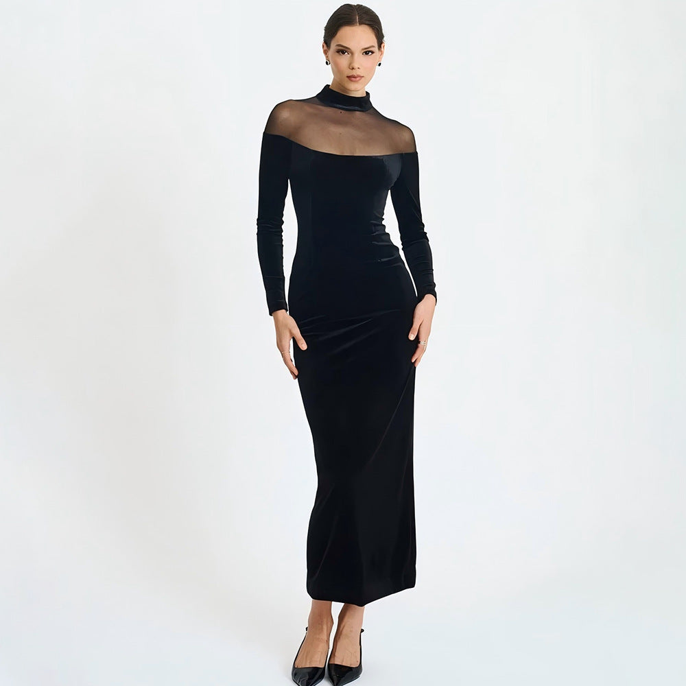 Valle Lindo Wear Voile See through Stitching Sexy Tight Solid Color Dress