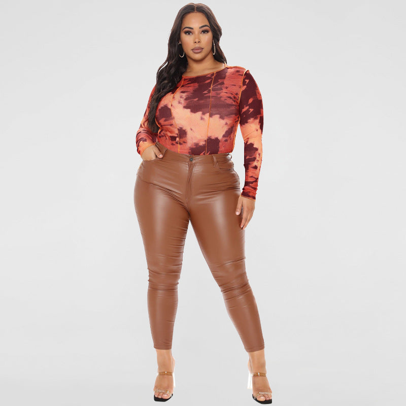 Plus Size Spring Women Clothing round Neck Print Long Sleeves Tight Breasted Jumpsuit