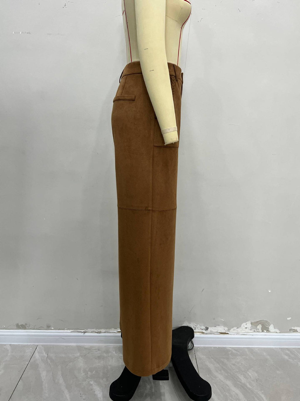 Autumn Winter Suede Outer Single Women Pants High Waist Double Pocket Design Casual Straight Leg Wide Leg Pants