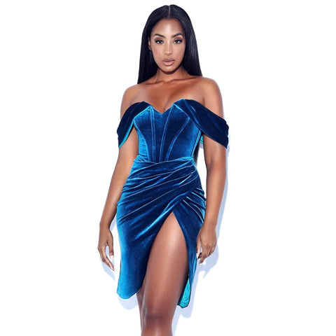 Myrtle Off Shoulder Velvet Boning Split Evening Dress