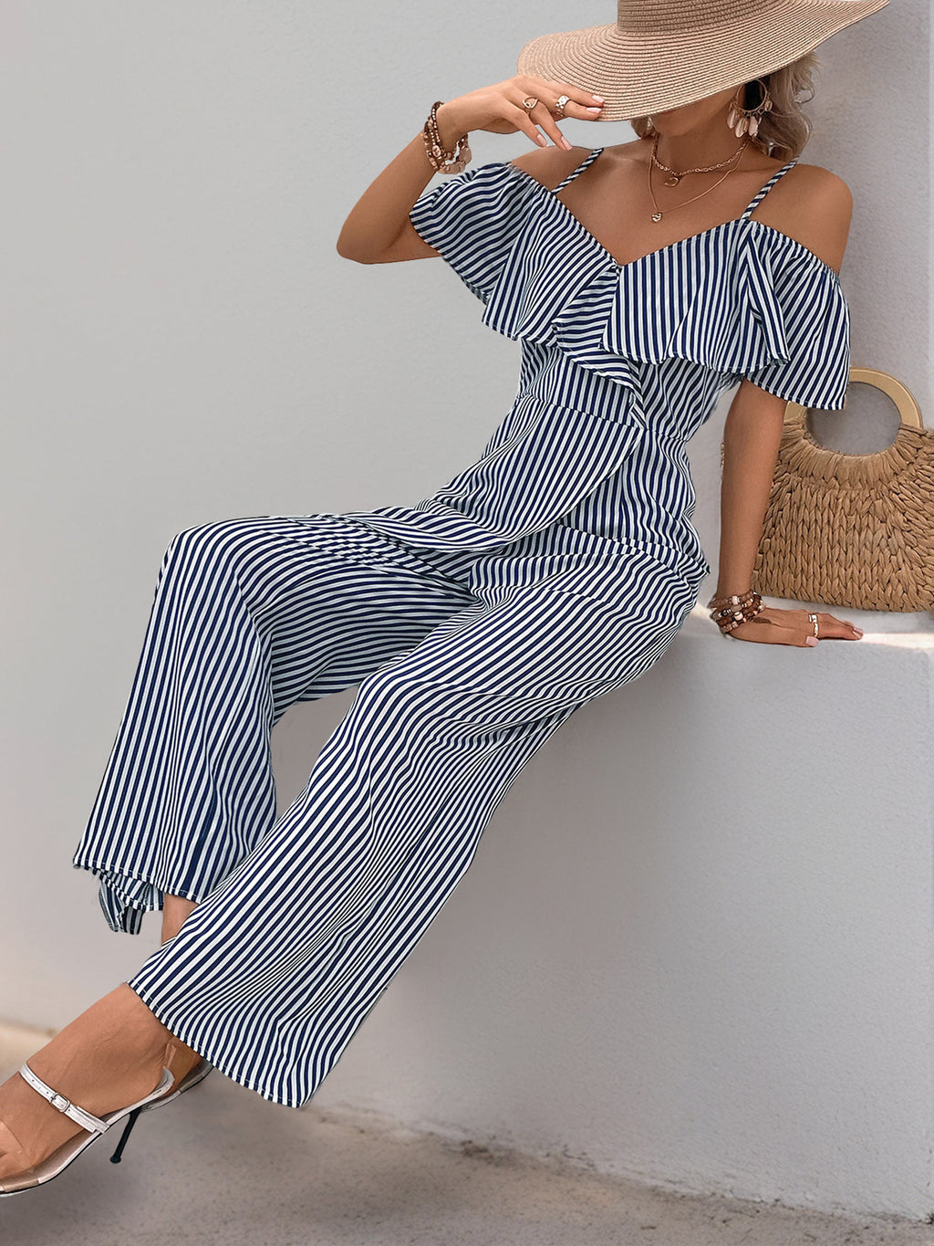 Pants Summer Striped Spaghetti Straps Wide Leg Jumpsuit Women