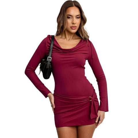 Villa Faro Design Burgundy Pile Collar Long Sleeve Slim Fit Sheath Dress