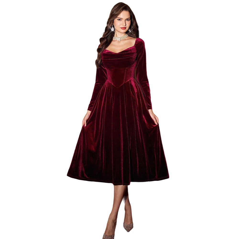 Hatillo French Romantic Tea Break Wine Red Velvet Square Collar Long Sleeve Dress