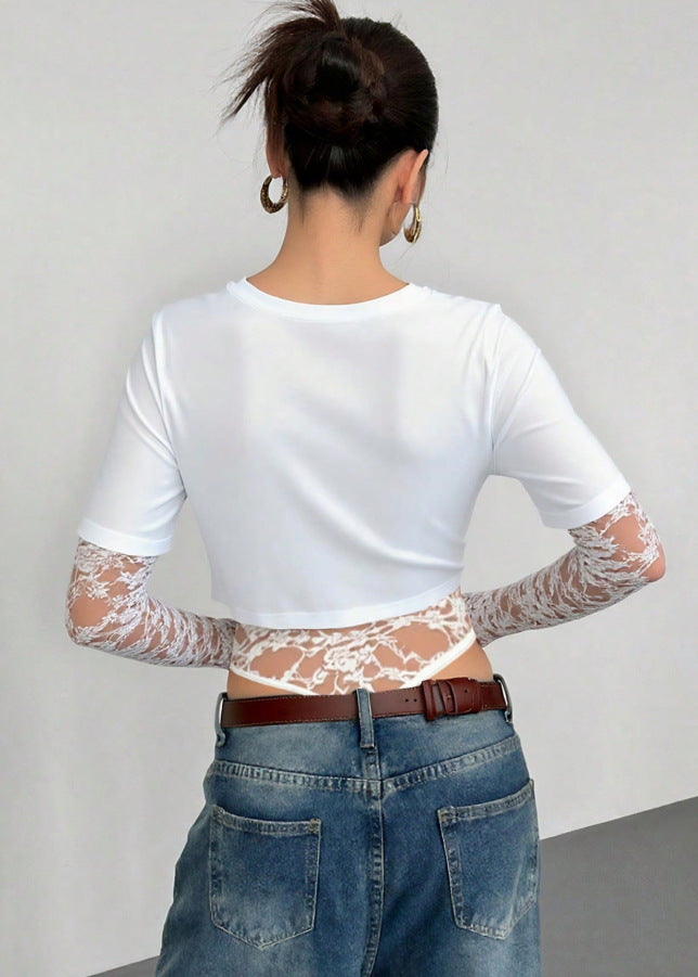 Solid Cropped Outfit Slim Lace  Sleeve