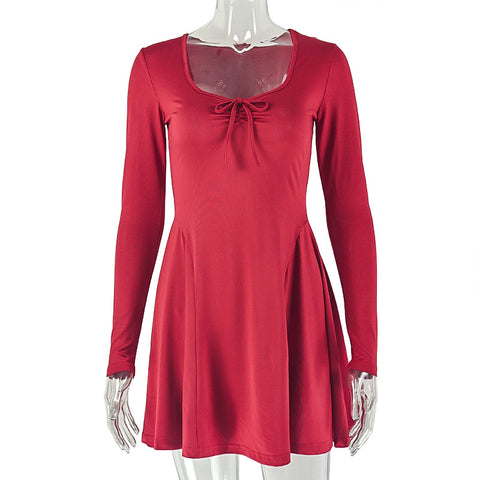 Oklahoma Matching Date A line Pleated Long Sleeve Solid Color Dress