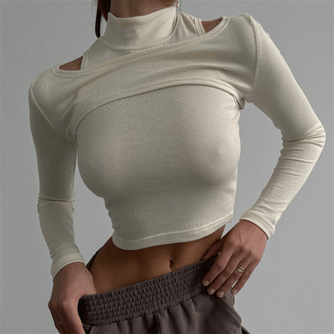women Inner Half High Collar Cropped Solid Sleeve