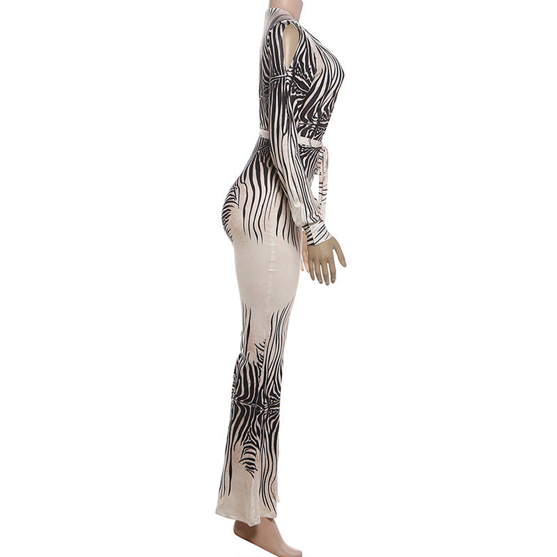 Sexy Deep V Plunge off-Shoulder Top High Waist Bootcut Pants Jumpsuit