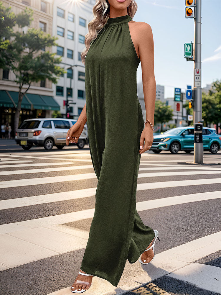 Summer Women Halter Solid Color Straight Jumpsuit