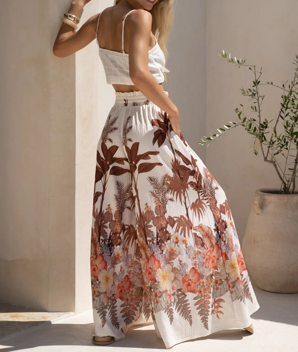 Summer Wide Leg Pants Leaf Print Casual Loose Wide Leg Pants