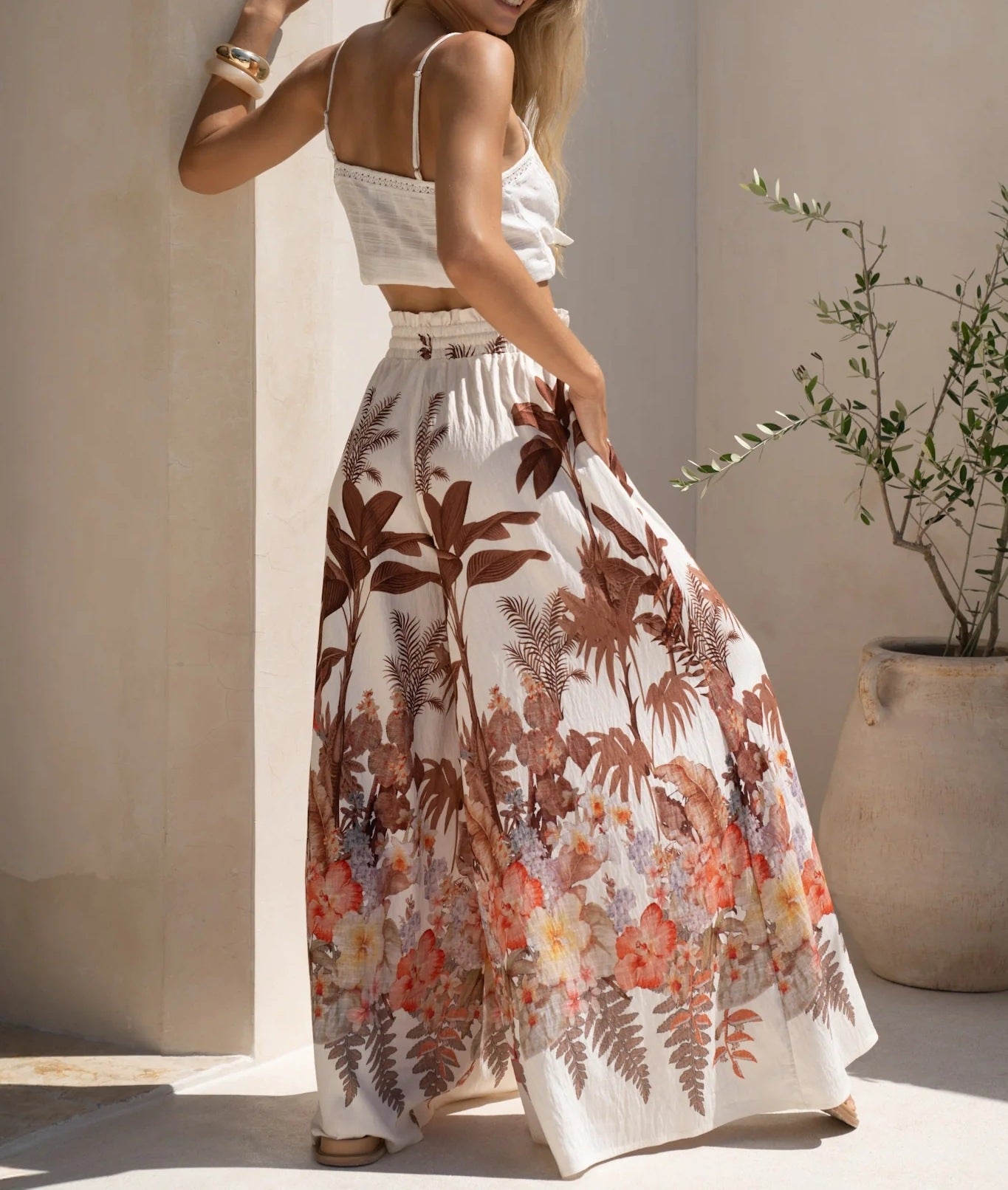 Summer Wide Leg Pants Leaf Print Casual Loose Wide Leg Pants