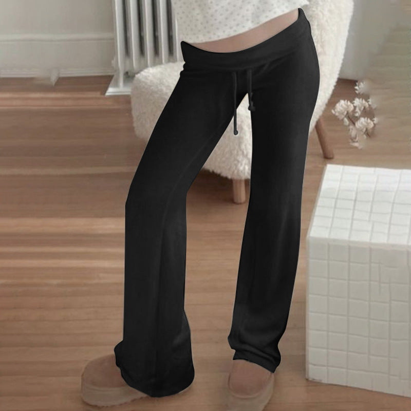 Spring Summer Street Outdoor Home Casual Pants Waist Lace up Smooth Straight Leg Trousers