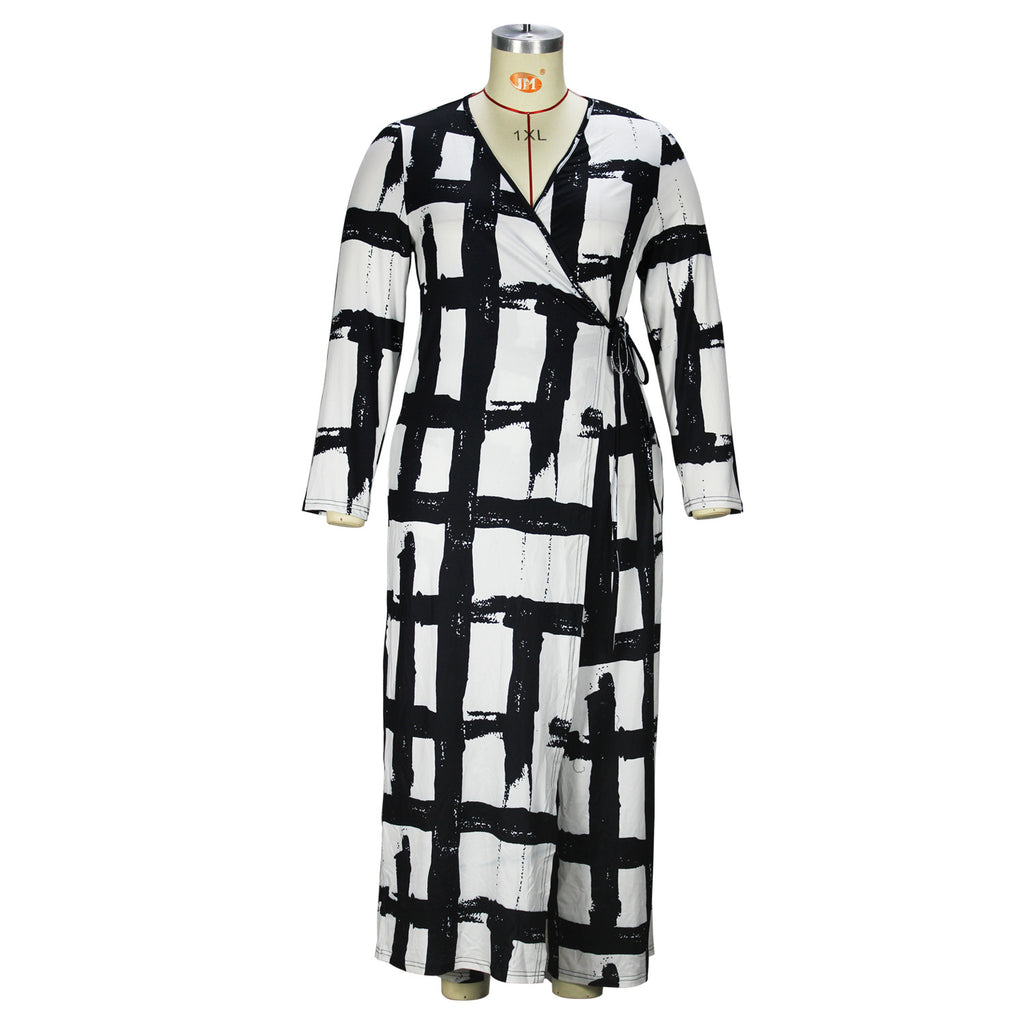 Plus Size Women Clothing V Neck Elements Printed Long Sleeve Loose Jumpsuit