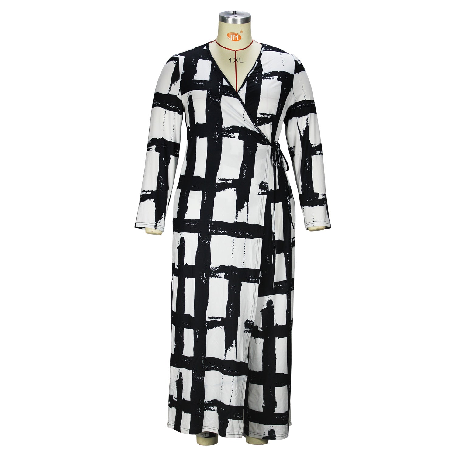 Plus Size Women Clothing V Neck Elements Printed Long Sleeve Loose Jumpsuit